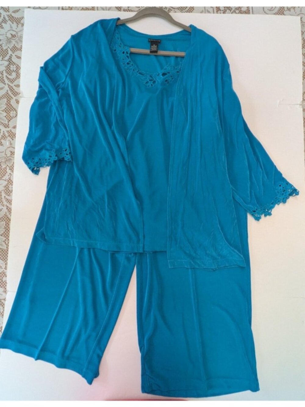 Citiknits Blue 3 Pc Outfit Size 2X Pants Tank and Open Cardigan Cut Out Detail